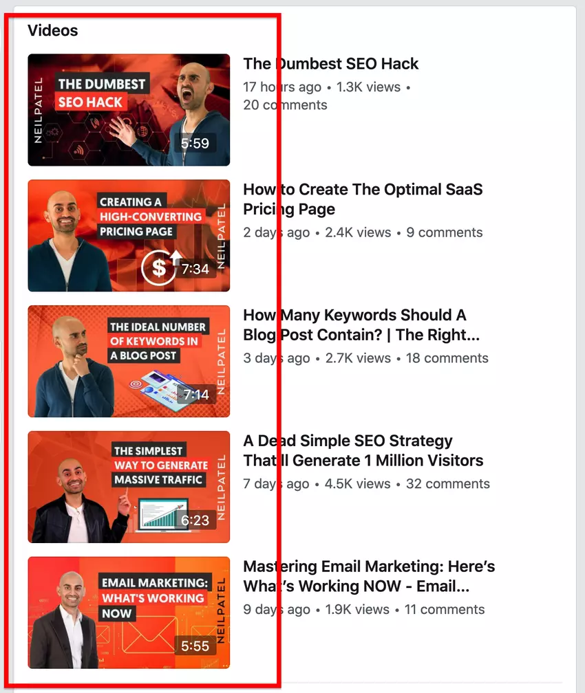 Neil Patel Facebook Videos Thumbnails